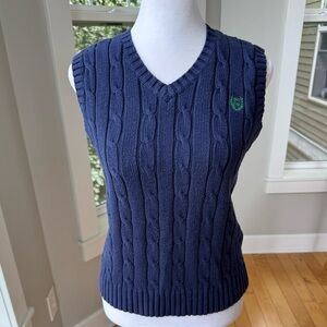 CHAPS Navy Blue V Neck Cableknit Cotton Sleeveless Sweater Vest Sz Small